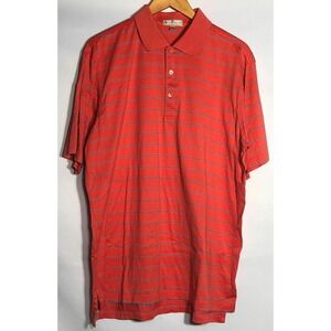 Peter Millar Mens L Salmon Red Blue Striped 100% Cotton Short Sleeve Polo Shirt